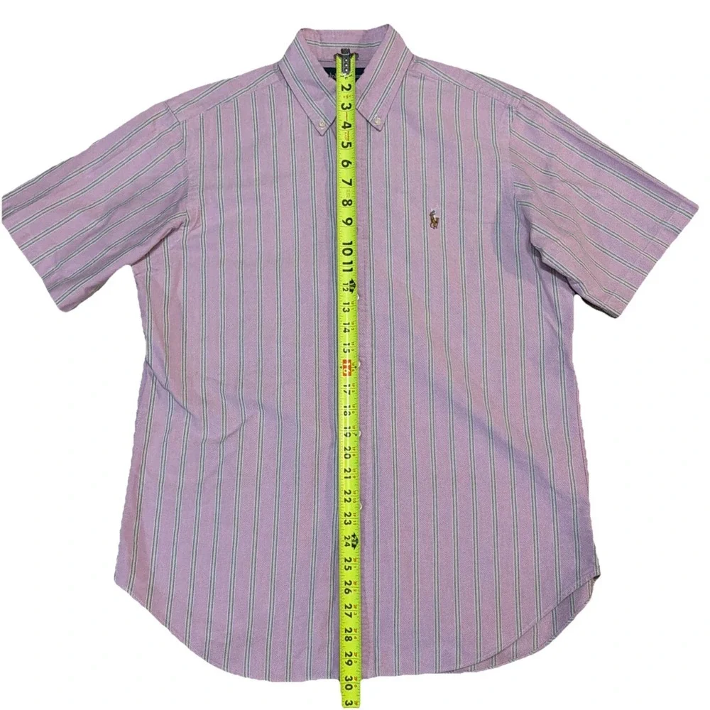 Polo‎ Ralph Lauren 100% Cotton Button Up Short Sleeve Shirt Pink Green Stripes M